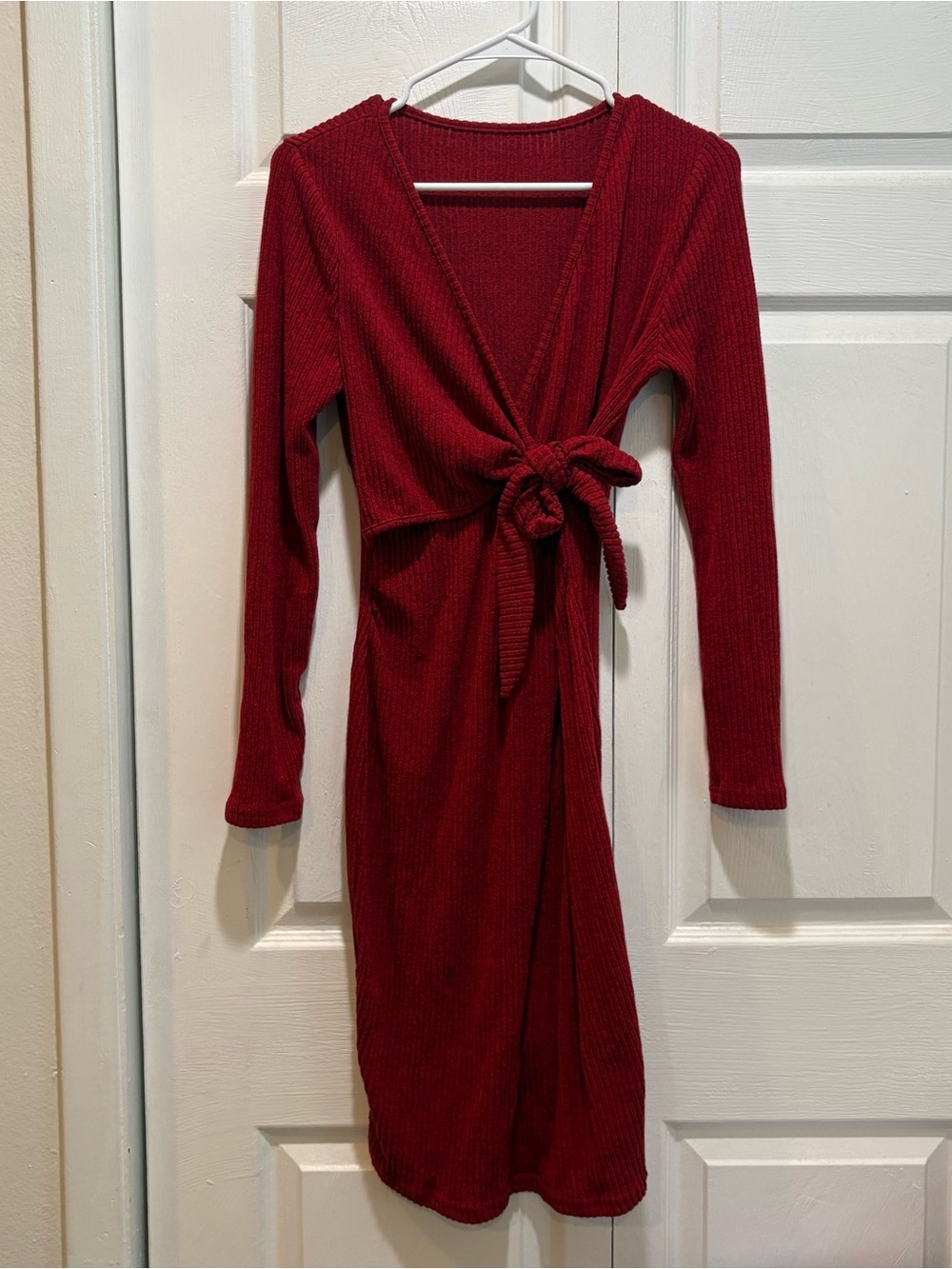 SHEIN Red Ribbed Long Sleeve Body Con Wrap Dress - Size Medium